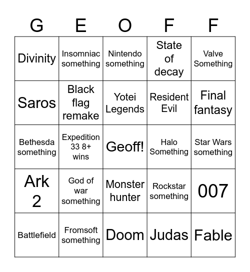 Game Awards 2025 Bingo Card
