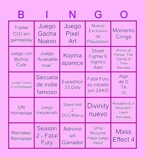 Bingo The Game Awards 2025 Bingo Card