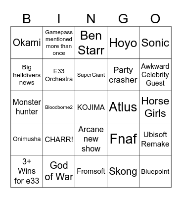 TGA Bingo Card