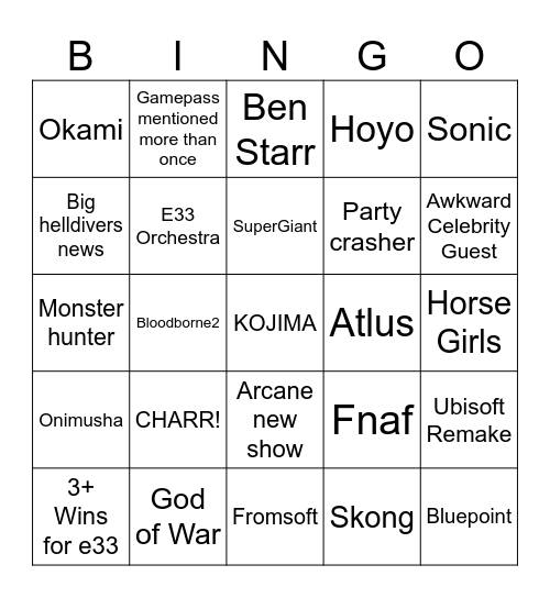 TGA Bingo Card