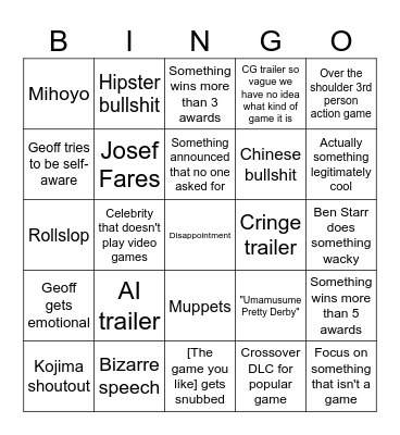 The Geoff Awards Bingo Card