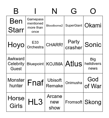 TGA Bingo Card