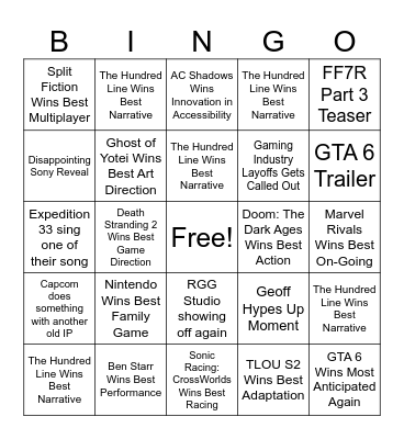 The Game Awards 2025 Bingo Card