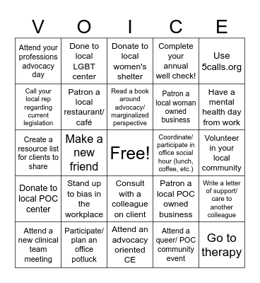 Advocacy Bingo Card