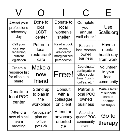 Advocacy Bingo Card