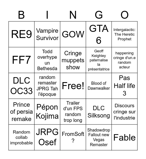 Game Awards 2025 Bingo Card