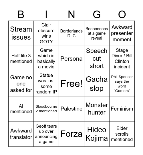 Game Awards Bingo Card
