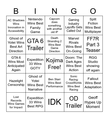 The Game Awards 2025 Bingo Card