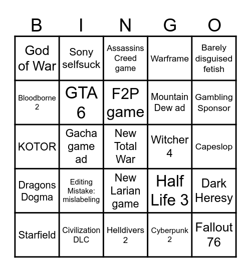 The Game Awards Bingo Card