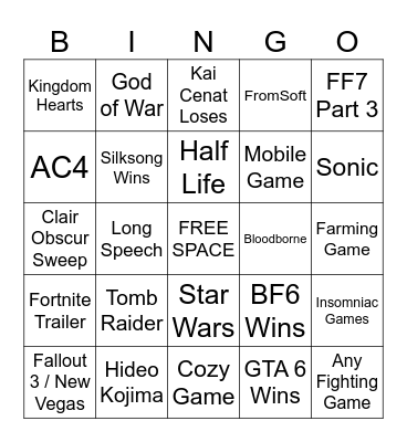 The Game Awards 2025 Bingo Card