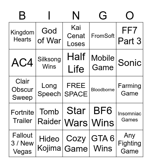 The Game Awards 2025 Bingo Card