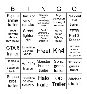 The Game Awards 2025 Bingo Card