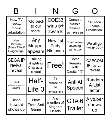 Game Awards 2025 Bingo Card