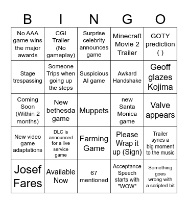 TGA Bingo Card