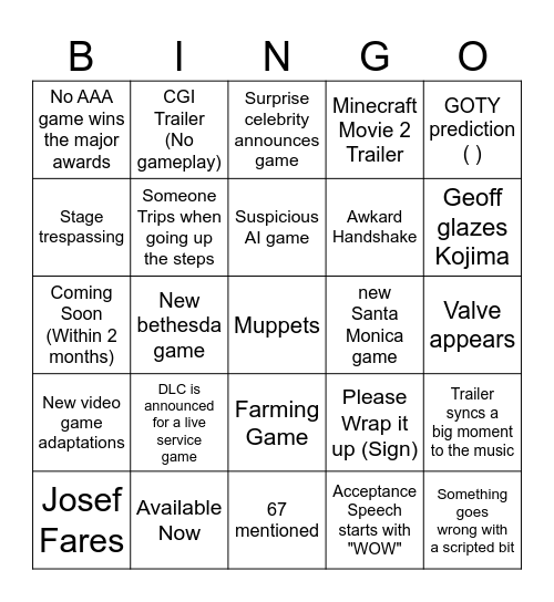 TGA Bingo Card