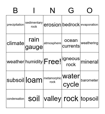 Earth and Weather Bingo Card