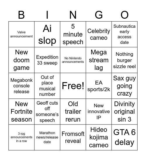Ever game award pred Bingo Card