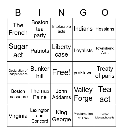 Revolutionary War Bingo Card