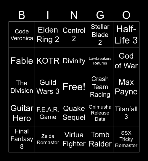 Game Awards 2025 Bingo Card