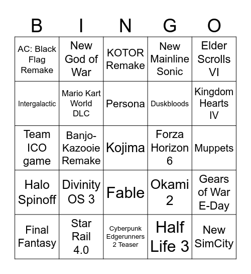 Game Awards 2025 Predictions Bingo Card