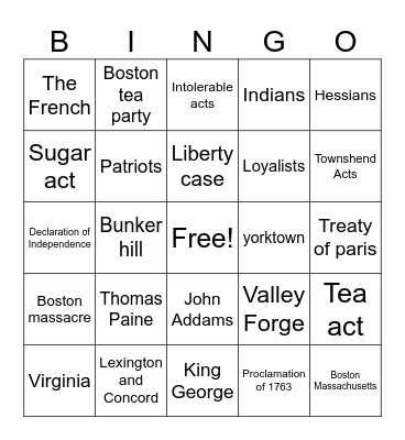 Revolutionary War Bingo Card