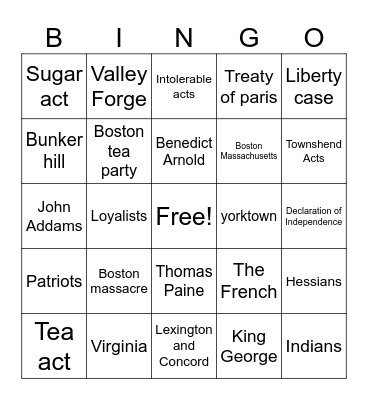 Revolutionary War Bingo Card