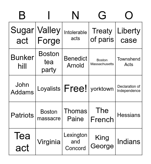 Revolutionary War Bingo Card