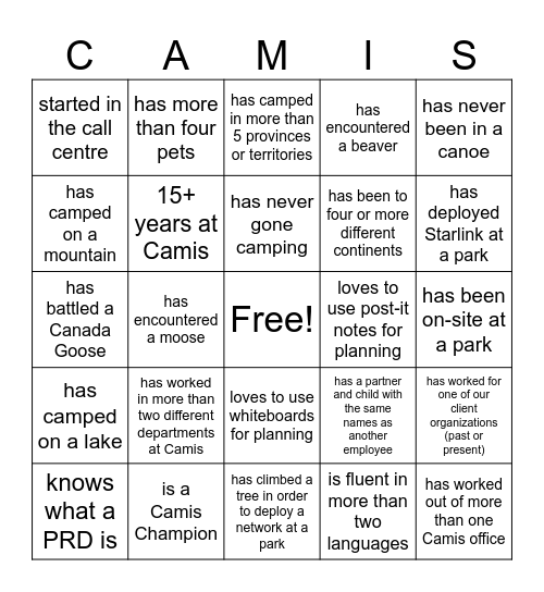 Camis Bingo Card