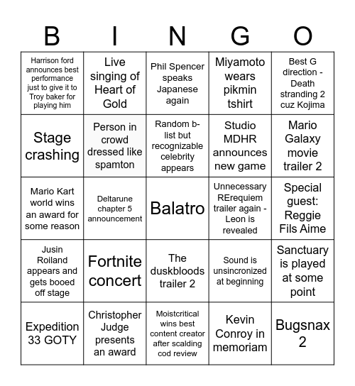 Game Awards 2025 Bingo Card Bingo Card