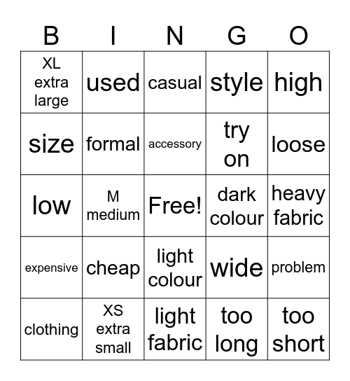 Clothing Styles and Problems Bingo Card