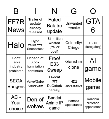 GOTY BINGO Card