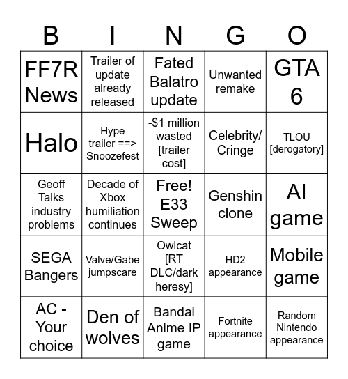GOTY BINGO Card