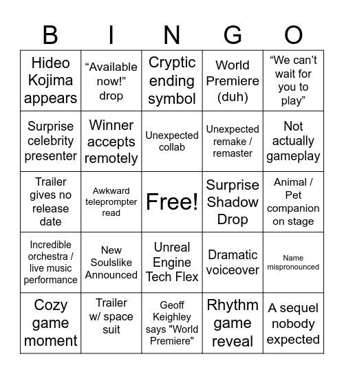 The Game Awards Bingo Card