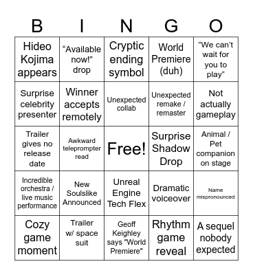 The Game Awards Bingo Card