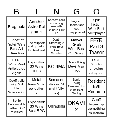 The Game Awards 2025 Bingo Card