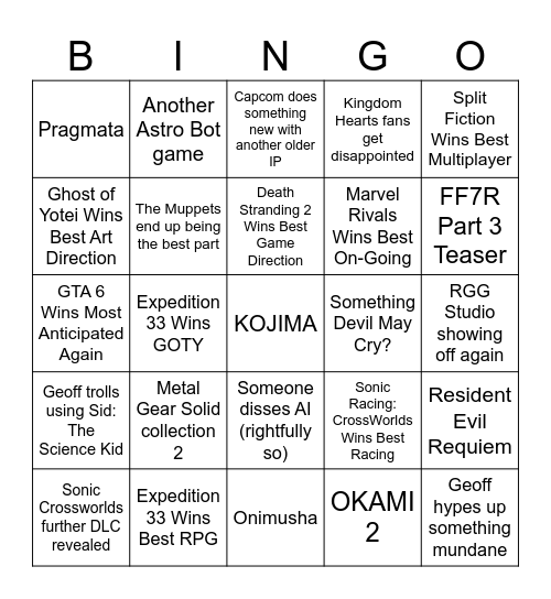 The Game Awards 2025 Bingo Card