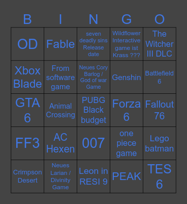 Game Awards 2025 Bingo Card