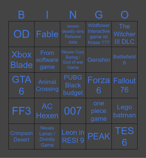 Game Awards 2025 Bingo Card