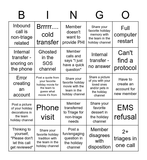 Holiday Bingo - Triage Edition! Bingo Card