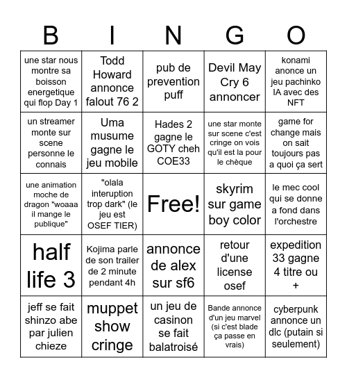 game award palmy Bingo Card