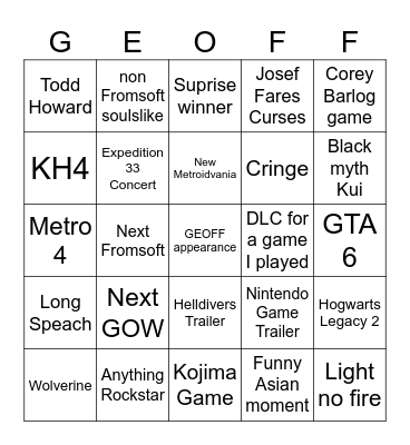 GOTY'S Bingo Card
