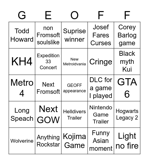 GOTY'S Bingo Card