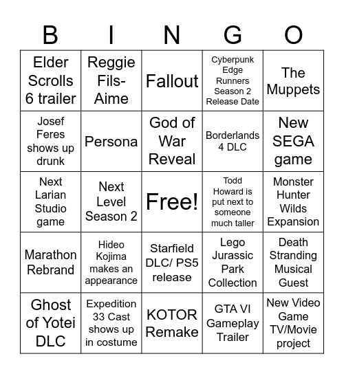 The Game Awards Bingo Card