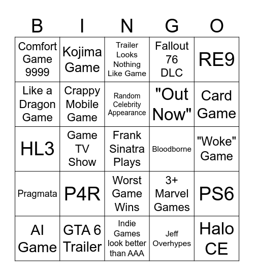 Game Awards Bingo Card