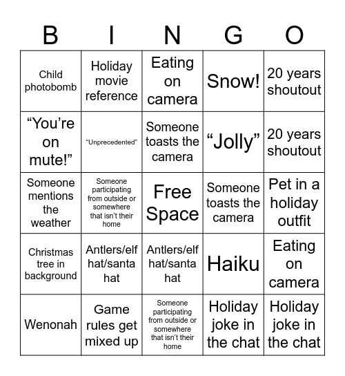 FWW Holiday Bingo Card