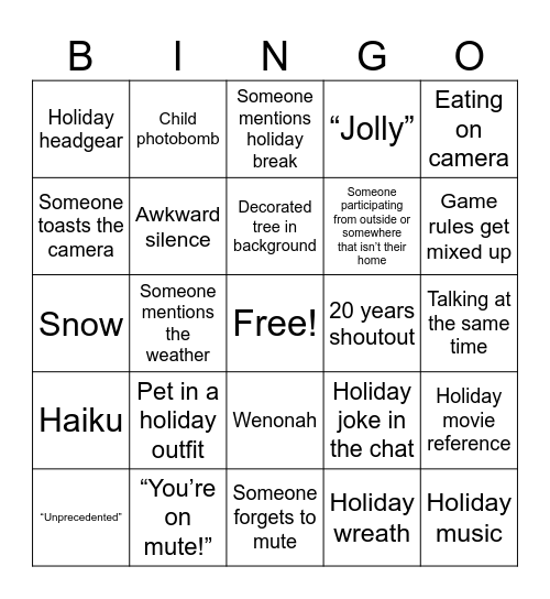 FWW Holiday Bingo Card