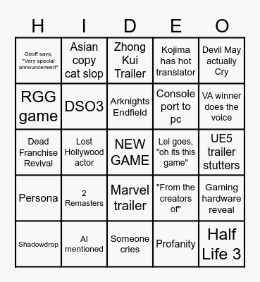 Geoff x Kojima Bingo Card