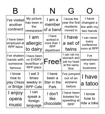 Life Experienes  BINGO-Cross out any squares containing life experiences  that are true of  you. First one to get five in a row wins. In the event of a tie,prize will go to the person with the highest total of crossed out squares Bingo Card