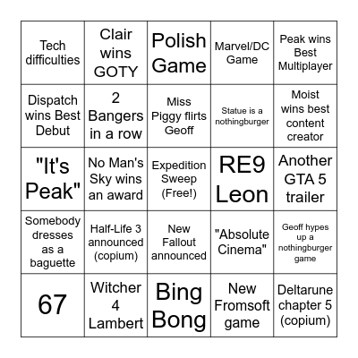The Game Awards 2025 Bingo Card