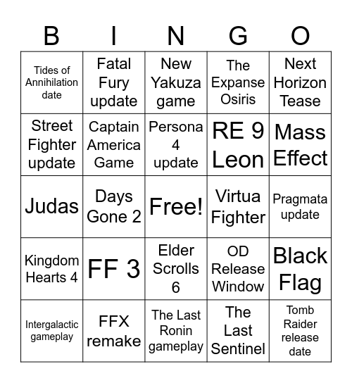 The Game Awards Bingo Card